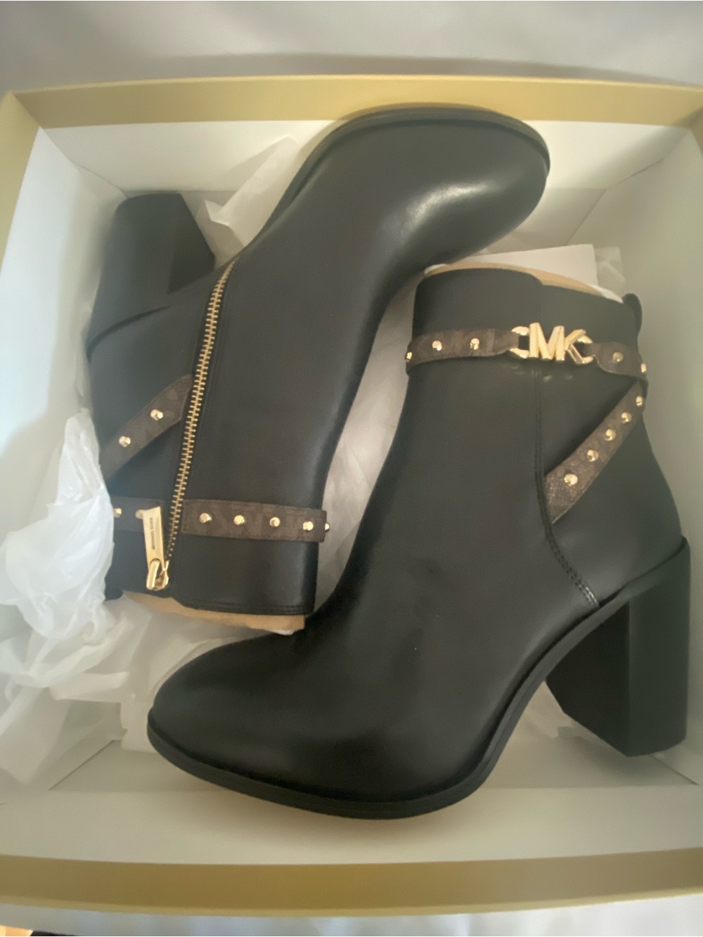 MICHAEL Michael Kors Black Leather Studded Ankle Booties with Gold Hardware - Picture 7 of 13
